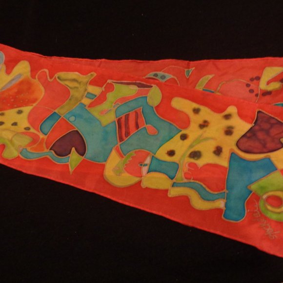 WHITE LOTUS STYLE HAND DONE ARTISAN MULTICOLORED SILK SCARF - Picture 1 of 5